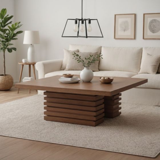 Modern Wood Coffee Table: Some lifestyle images are created with AI for visualization purposes. Crafted from natural solid wood, each piece is unique and will vary.