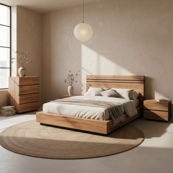 Modern Platform Bed: Some lifestyle images are created with AI for visualization purposes. Crafted from natural solid wood, each piece is unique and will vary.