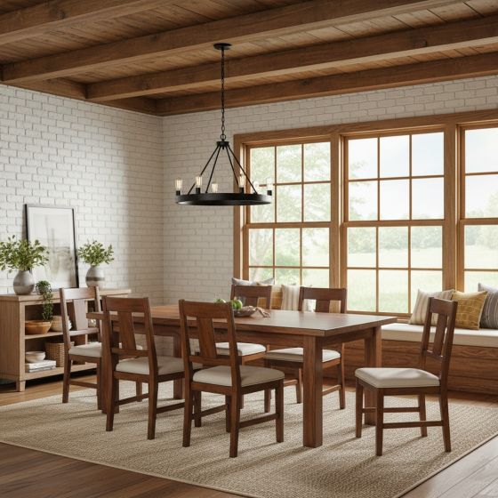 Modern Farmhouse Dining Table: Some lifestyle images are created with AI for visualization purposes. Crafted from natural solid wood, each piece is unique and will vary.