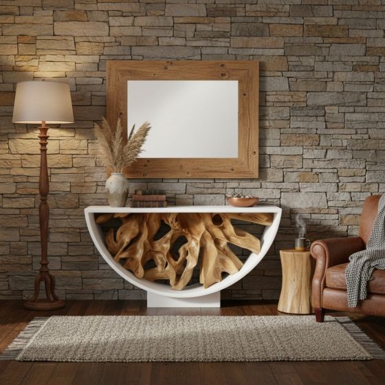 Teak Root Console: Some lifestyle images are created with AI for visualization purposes. Crafted from natural solid wood, each piece is unique and will vary.