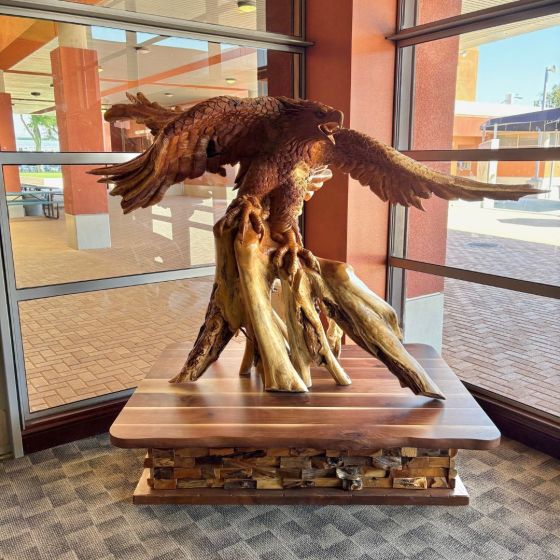 Carved Eagle with Custom Made Teak and Black Walnut Platform