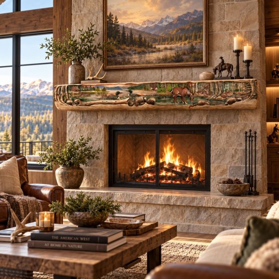 Hand Carved Mantle: Some lifestyle images are created with AI for visualization purposes. Crafted from natural solid wood, each piece is unique and will vary.