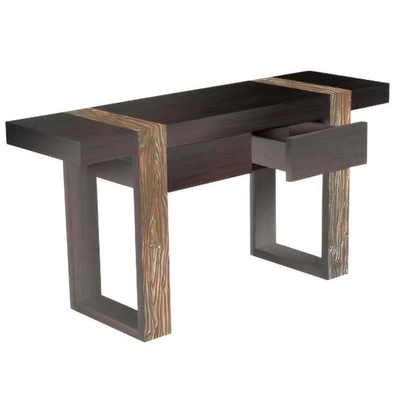 Natural Wood Console Table showing one open drawer and one closed drawer