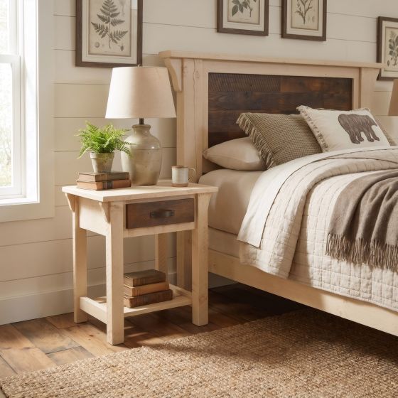 Rustic Cottage Nightstand: Some lifestyle images are created with AI for visualization purposes. Crafted from natural solid wood, each piece is unique and will vary.