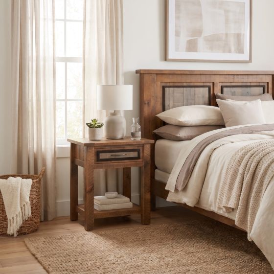 Weathered Barnwood Nightstand: Some lifestyle images are created with AI for visualization purposes. Crafted from natural solid wood, each piece is unique and will vary.