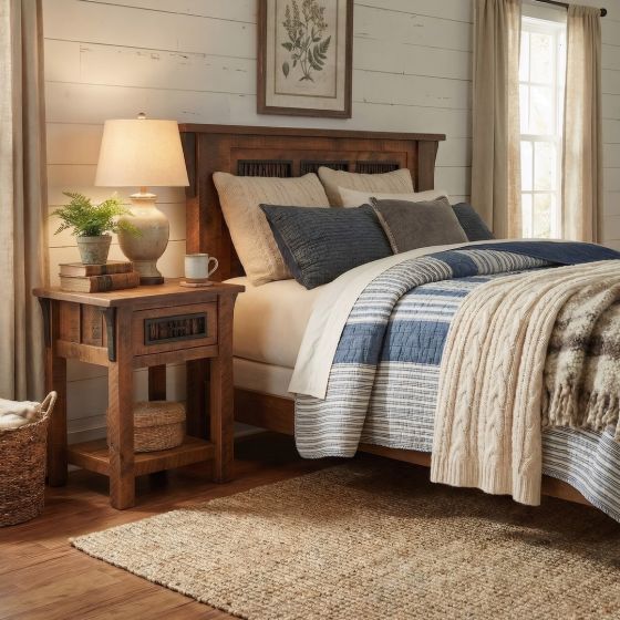 Rustic Nightstand: Some lifestyle images are created with AI for visualization purposes. Crafted from natural solid wood, each piece is unique and will vary.