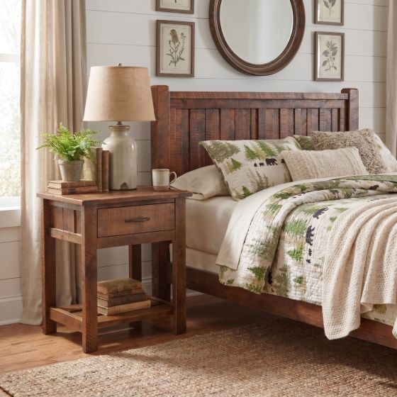 Rustic Barnwood Nightstand: Some lifestyle images are created with AI for visualization purposes. Crafted from natural solid wood, each piece is unique and will vary.