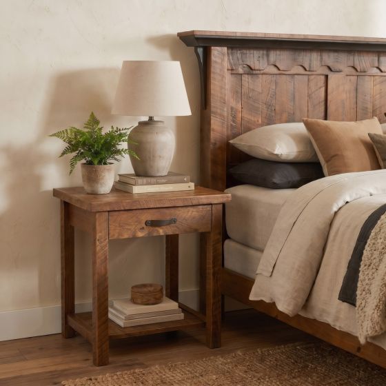 Barnwood Nightstand: Some lifestyle images are created with AI for visualization purposes. Crafted from natural solid wood, each piece is unique and will vary.