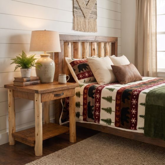Rustic Cedar Nightstand: Some lifestyle images are created with AI for visualization purposes. Crafted from natural solid wood, each piece is unique and will vary.