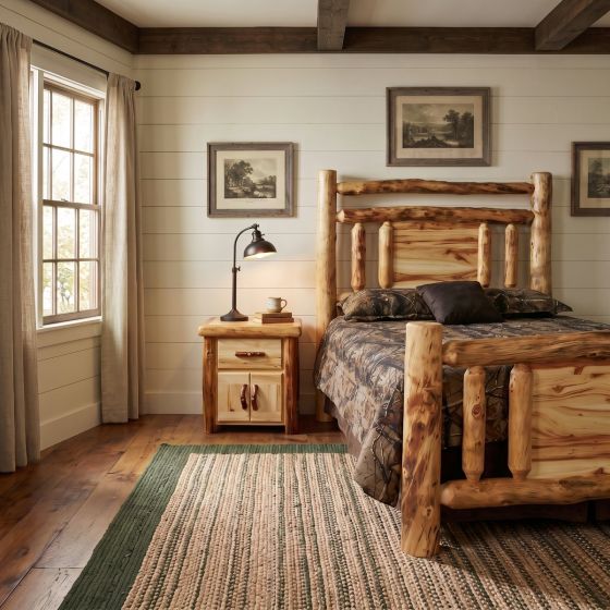 Rustic Log Nightstand: Some lifestyle images are created with AI for visualization purposes. Crafted from natural solid wood, each piece is unique and will vary.