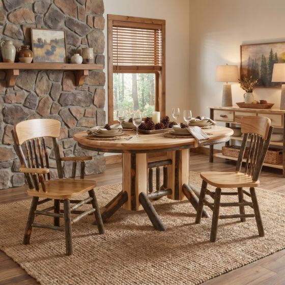 Oval Hickory Dining Table: Some lifestyle images are created with AI for visualization purposes. Crafted from natural solid wood, each piece is unique and will vary.