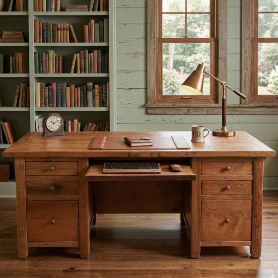 Barnwood Desk: Some lifestyle images are created with AI for visualization purposes. Crafted from natural solid wood, each piece is unique and will vary.