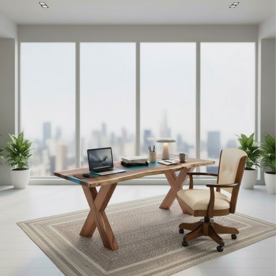 Epoxy Desk: Some lifestyle images are created with AI for visualization purposes. Crafted from natural solid wood, each piece is unique and will vary.
