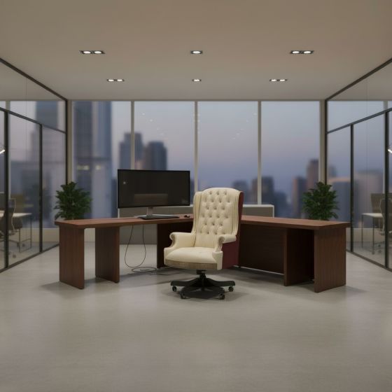 Executive Work Desk: Some lifestyle images are created with AI for visualization purposes. Crafted from natural solid wood, each piece is unique and will vary.