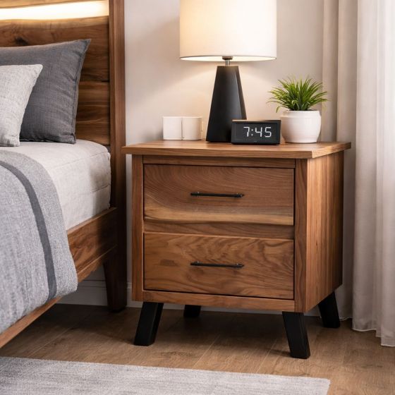 Contemporary Nightstand: Some lifestyle images are created with AI for visualization purposes. Crafted from natural solid wood, each piece is unique and will vary.