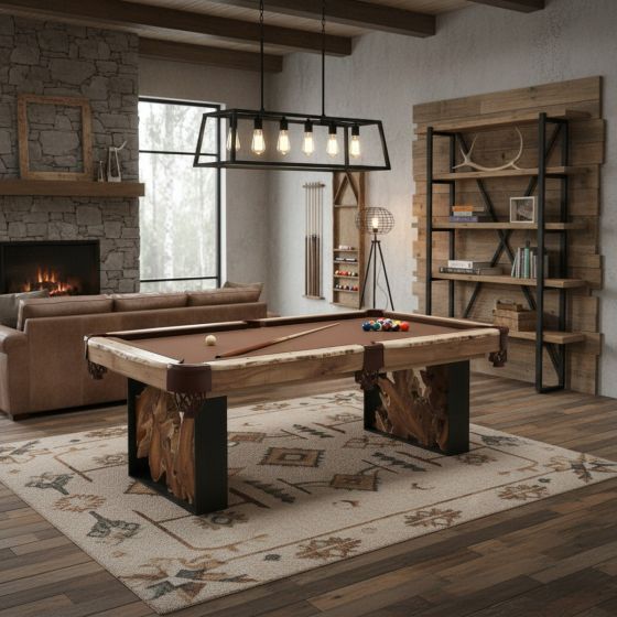 Rustic Pool Table: Some lifestyle images are created with AI for visualization purposes. Crafted from natural solid wood, each piece is unique and will vary.