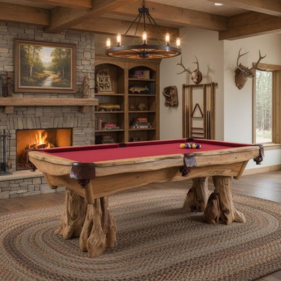 Rustic Wood Pool Table: Some lifestyle images are created with AI for visualization purposes. Crafted from natural solid wood, each piece is unique and will vary.