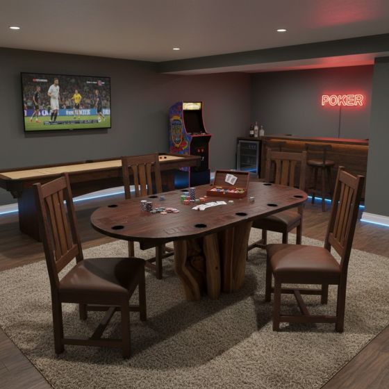 Rustic Poker Table: Some lifestyle images are created with AI for visualization purposes. Crafted from natural solid wood, each piece is unique and will vary.