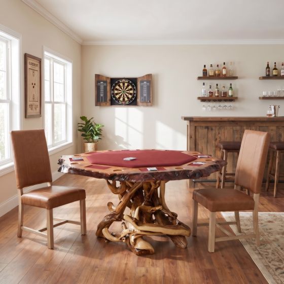 Rustic Game Table: Some lifestyle images are created with AI for visualization purposes. Crafted from natural solid wood, each piece is unique and will vary.