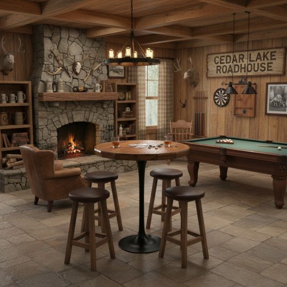 Modern Rustic Pub Table: Some lifestyle images are created with AI for visualization purposes. Crafted from natural solid wood, each piece is unique and will vary.