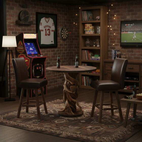 Rustic Log Pub Table: Some lifestyle images are created with AI for visualization purposes. Crafted from natural solid wood, each piece is unique and will vary.