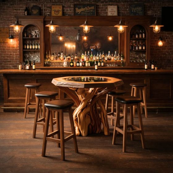 Rustic Pub Table: Some lifestyle images are created with AI for visualization purposes. Crafted from natural solid wood, each piece is unique and will vary.