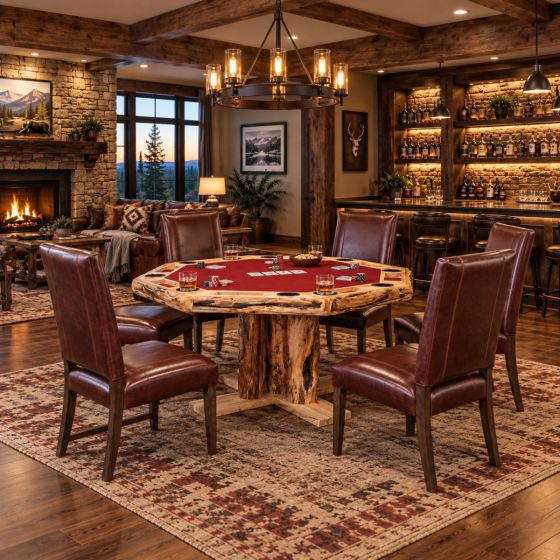 Aspen Poker Table: Some lifestyle images are created with AI for visualization purposes. Crafted from natural solid wood, each piece is unique and will vary.