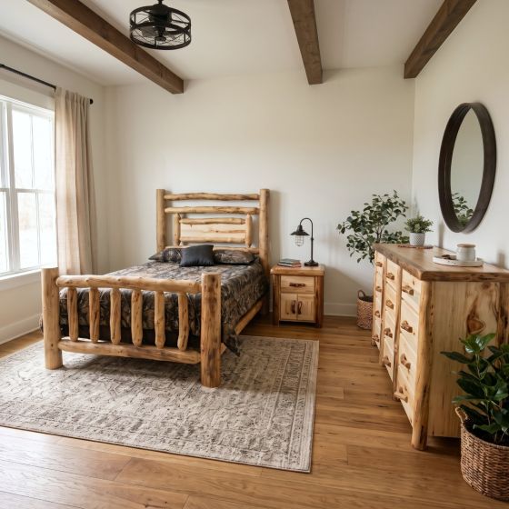 Aspen Log Bed: Some lifestyle images are created with AI for visualization purposes. Crafted from natural solid wood, each piece is unique and will vary.