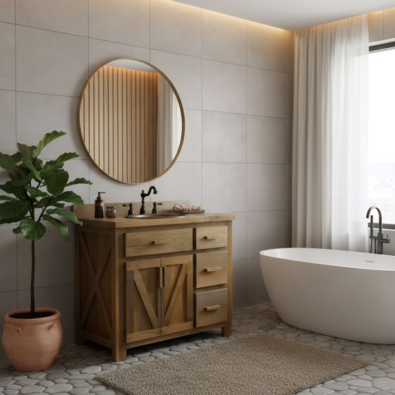 Rustic Vanity: Some lifestyle images are created with AI for visualization purposes. Crafted from natural solid wood, each piece is unique and will vary.