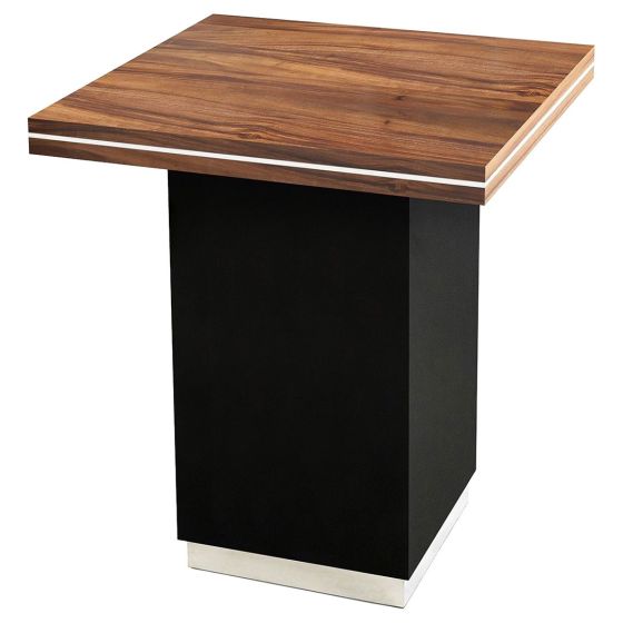 Refined Rustic Pub Table shown with a Square Golden Walnut Top & Ebony Mahogany Base & Silver Steel Top Accents.