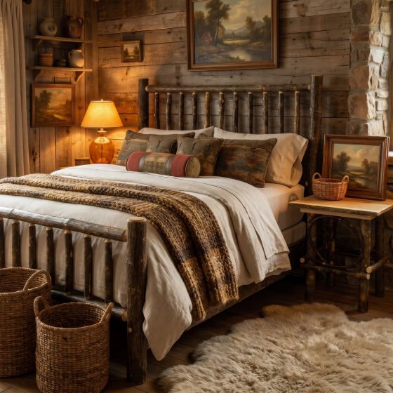 Rustic Hickory Nightstand: Some lifestyle images are created with AI for visualization purposes. Crafted from natural solid wood, each piece is unique and will vary.