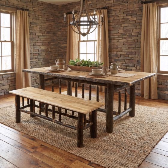 Hickory Log Bench: Some lifestyle images are created with AI for visualization purposes. Crafted from natural solid wood, each piece is unique and will vary.