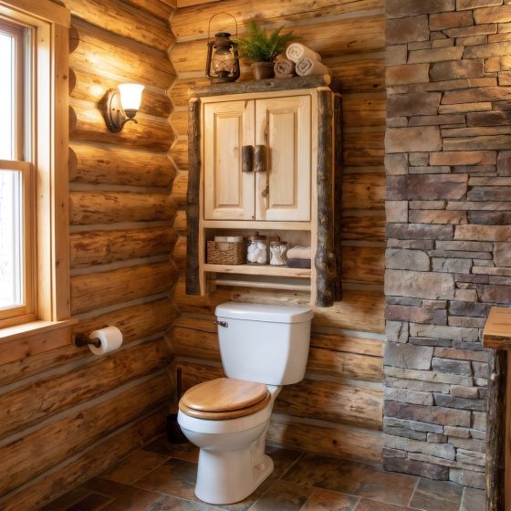 Rustic Toilet Topper Cabinet: Some lifestyle images are created with AI for visualization purposes. Crafted from natural solid wood, each piece is unique and will vary.