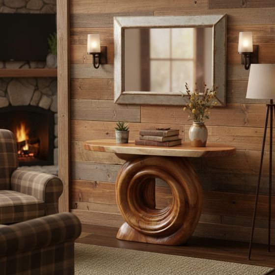 Sculptural Wood Console: Some lifestyle images are created with AI for visualization purposes. Crafted from natural solid wood, each piece is unique and will vary.
