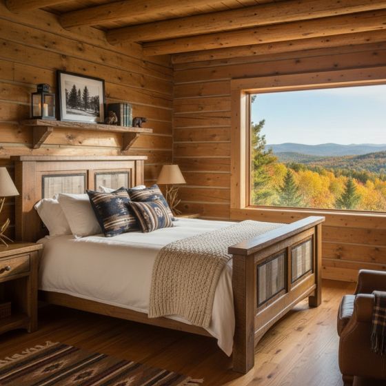 Rustic Wooden Panel Bed: Some lifestyle images are created with AI for visualization purposes. Crafted from natural solid wood, each piece is unique and will vary.