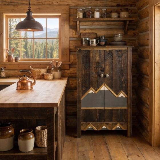 2 Door Barnwood Pantry Cabinet: Some lifestyle images are created with AI for visualization purposes. Crafted from natural solid wood, each piece is unique and will vary.