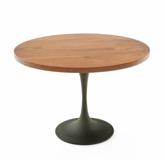 Contemporary Natural Wood Pedestal Dining Table - Flat Edge Black Walnut Table Top - Natural Clear Table Top Finish - Black Steel Table Base