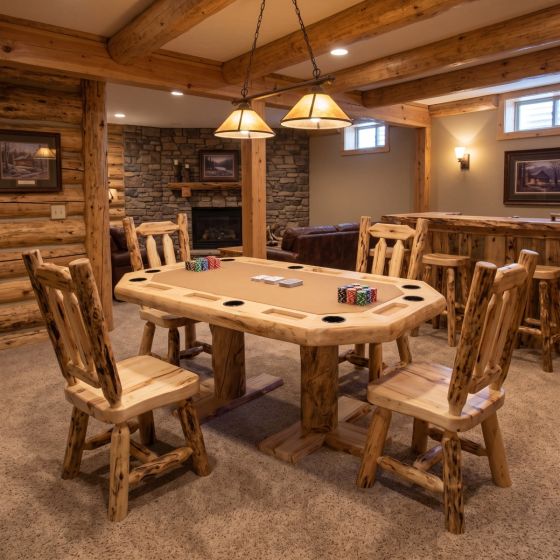 Poker Table: Some lifestyle images are created with AI for visualization purposes. Crafted from natural solid wood, each piece is unique and will vary.