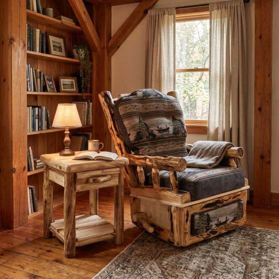 Aspen Recliner: Some lifestyle images are created with AI for visualization purposes. Crafted from natural solid wood, each piece is unique and will vary.
