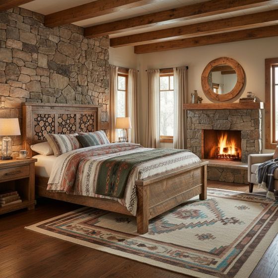Rustic Barnwood Bed: Some lifestyle images are created with AI for visualization purposes. Crafted from natural solid wood, each piece is unique and will vary.