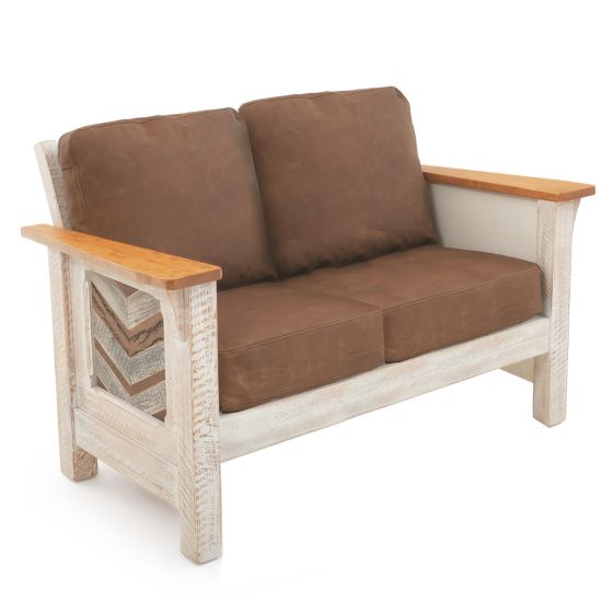 Rustic Chevron Barnwood Loveseat - Brown Genuine Leather Cushions