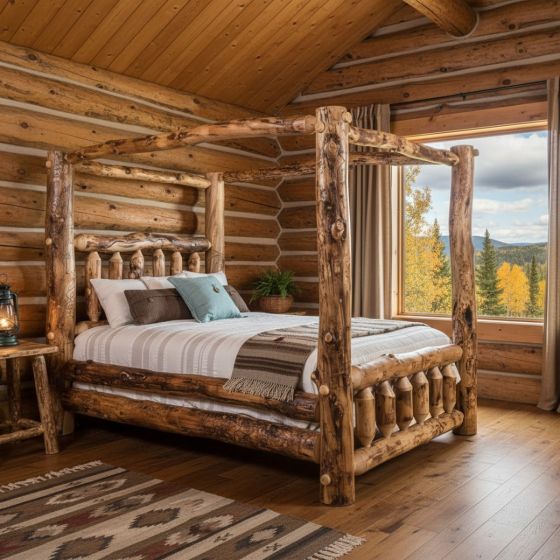 Natural Wood Canopy Bed: Some lifestyle images are created with AI for visualization purposes. Crafted from natural solid wood, each piece is unique and will vary.