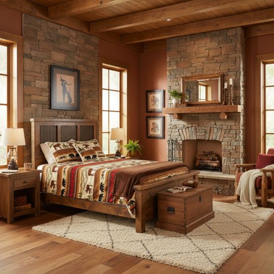 Rustic Pine Wood Bed: Some lifestyle images are created with AI for visualization purposes. Crafted from natural solid wood, each piece is unique and will vary.