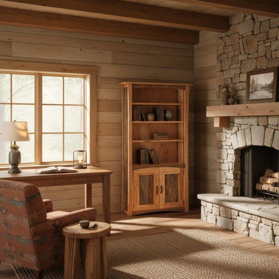 Rustic Craftsman Bookcase: Some lifestyle images are created with AI for visualization purposes. Crafted from natural solid wood, each piece is unique and will vary.