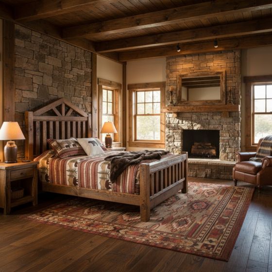 Rustic Pine Wood Bed: Some lifestyle images are created with AI for visualization purposes. Crafted from natural solid wood, each piece is unique and will vary.