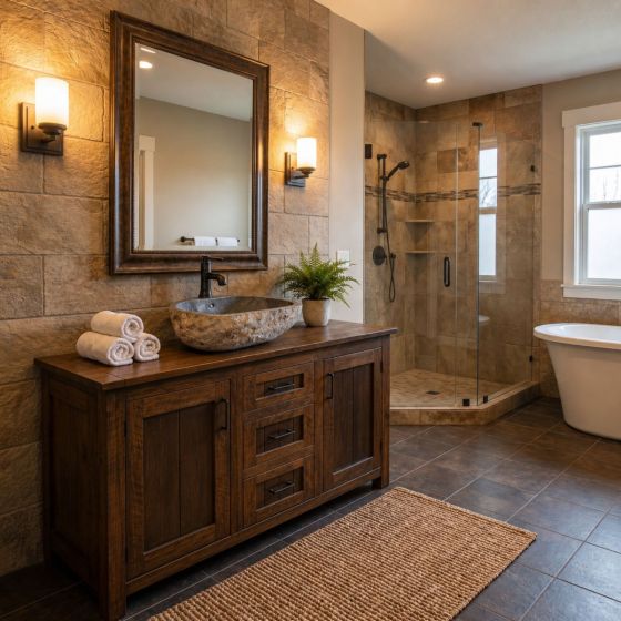 Stone Sink: Some lifestyle images are created with AI for visualization purposes. Crafted from natural solid wood, each piece is unique and will vary.