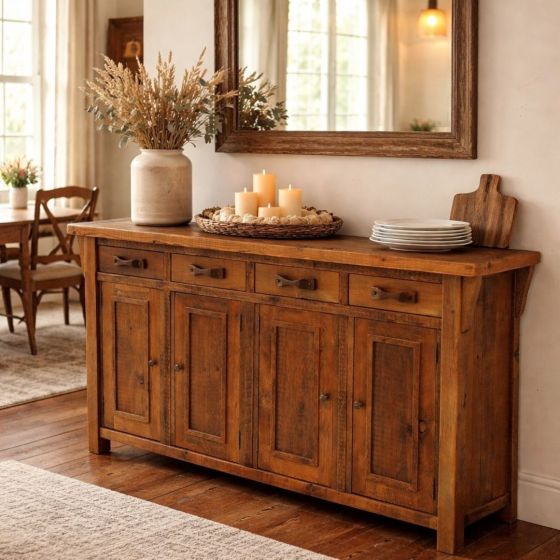 Barn Wood Sideboard: Some lifestyle images are created with AI for visualization purposes. Crafted from natural solid wood, each piece is unique and will vary.