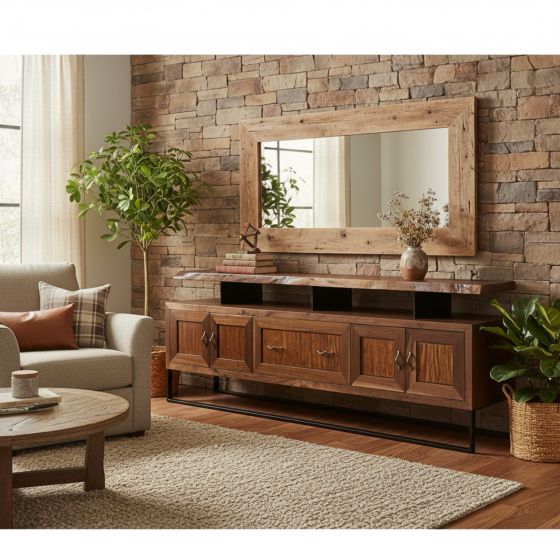 Rustic Sideboard: Some lifestyle images are created with AI for visualization purposes. Crafted from natural solid wood, each piece is unique and will vary.