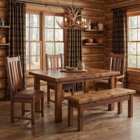 Rustic Dining Room Set: Some lifestyle images are created with AI for visualization purposes. Crafted from natural solid wood, each piece is unique and will vary.