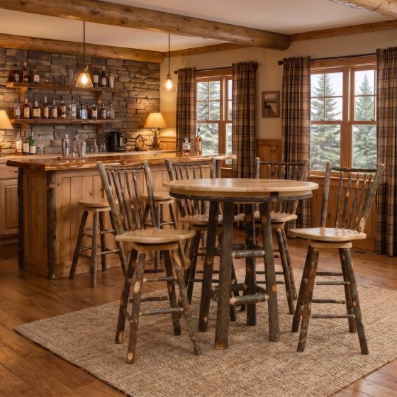 Hickory Log Pub Table & Barstools: Some lifestyle images are created with AI for visualization purposes. Crafted from natural solid wood, each piece is unique and will vary.